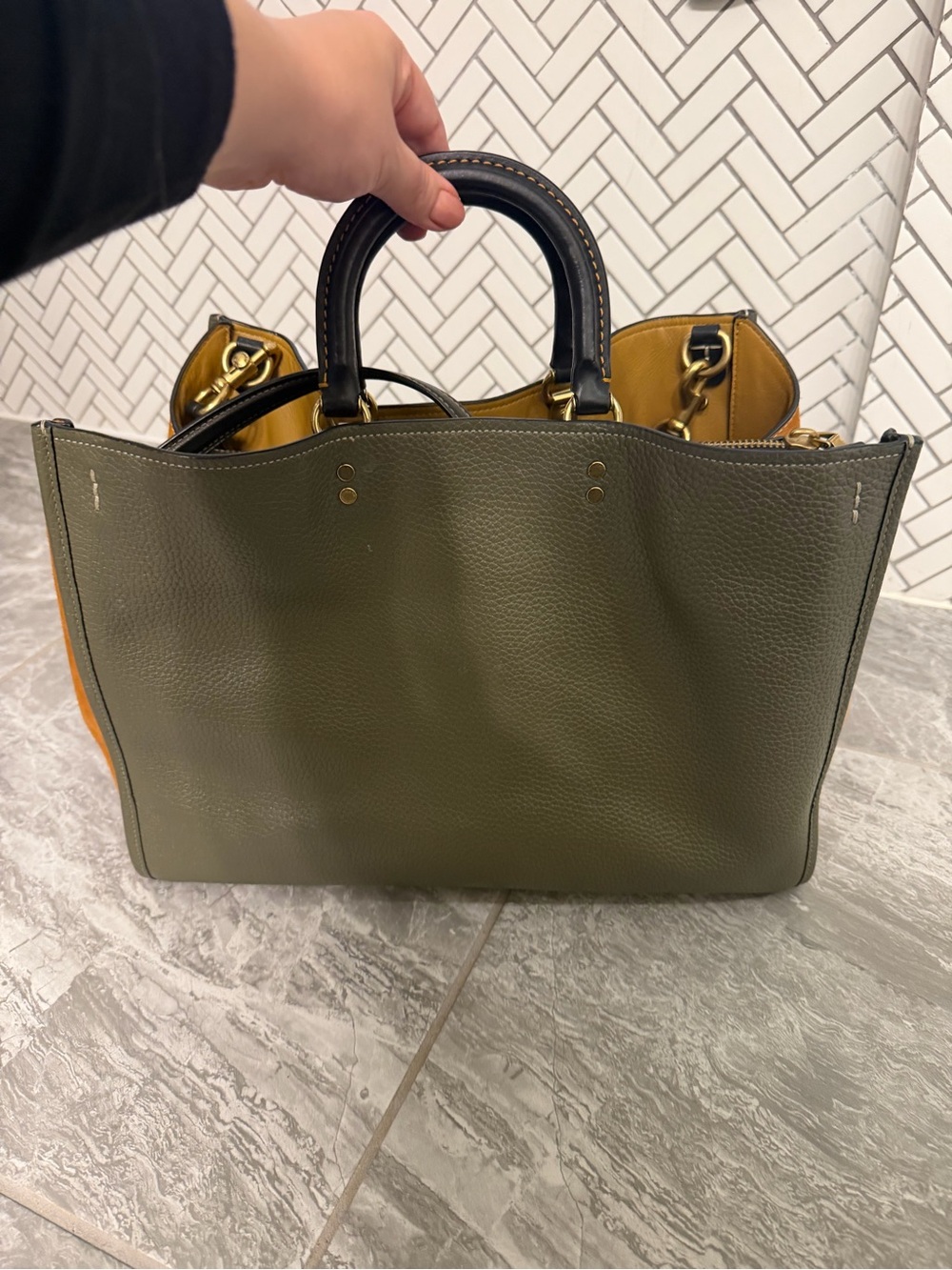 Coach Rogue 39 Olive Green Leather Tote with Cognac Suede Side Panels - Picture 2 of 16